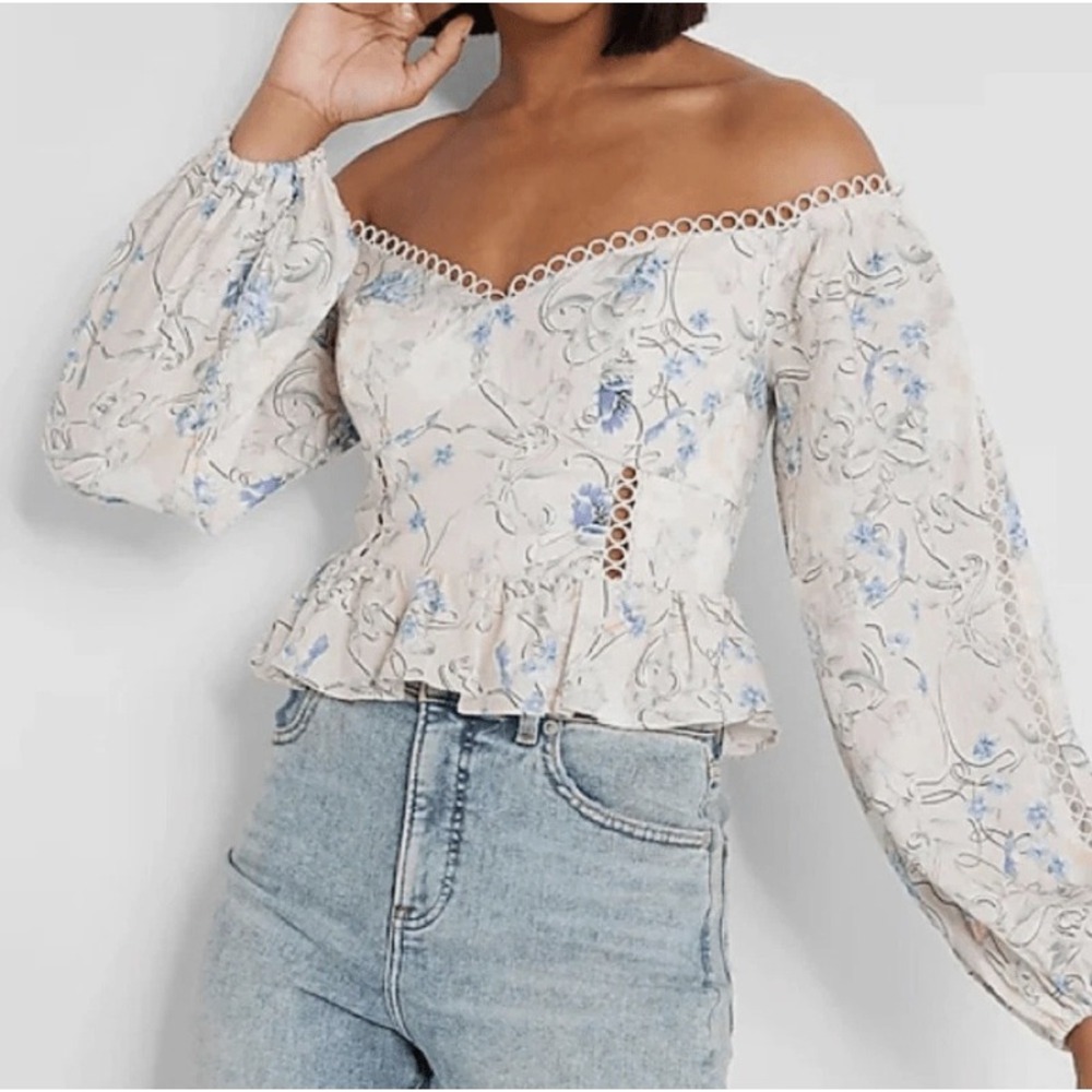 Expressโ Milkmaid Peplum Top XL Floral Linen Blend Smocked Romantic Off Shoulder